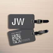 Modern donkergrijs wit vet monogram QR-code Bagagelabel