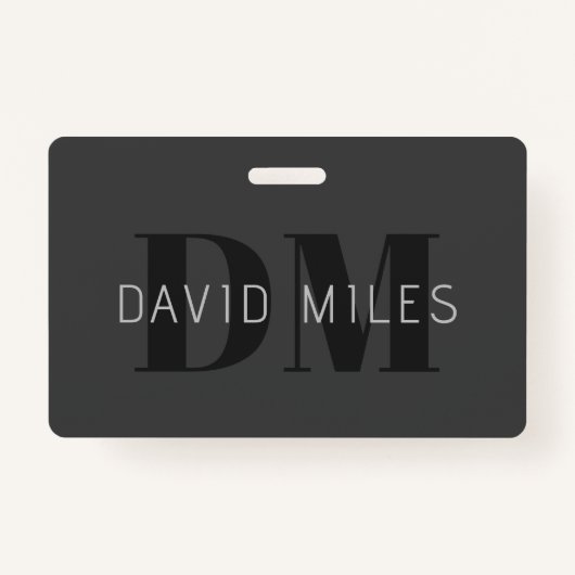 Modern Donkergrijs & Zwart bewerkbare naam & monog Badge (Voorkant)