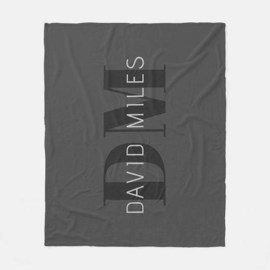 Modern Donkergrijs & Zwart bewerkbare naam & monog Fleece Deken (Voorkant)