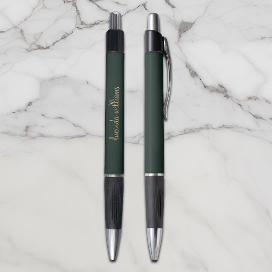 Modern Donkergroen Chic Gold Script Monogram Pen