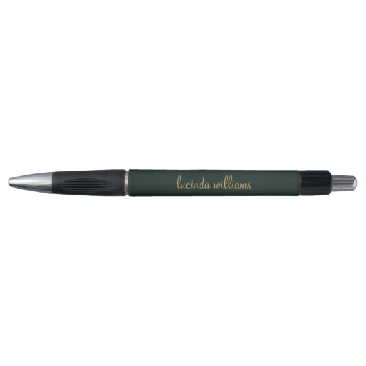 Modern Donkergroen Chic Gold Script Monogram Pen (Voorkant)