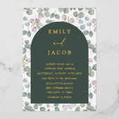 Modern donkergroen en goud eucalyptus bruiloft folie uitnodiging (Voorkant)