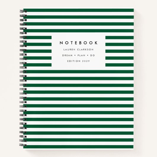 Modern donkergroen gestreept notitieboek (Voorkant)