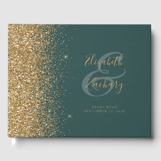 Modern Donkergroen Goud Glitter Script Gastenboek (Voorkant)