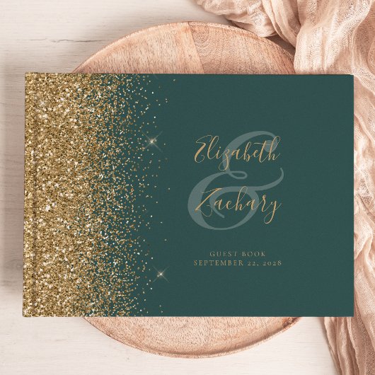 Modern Donkergroen Goud Glitter Script Gastenboek
