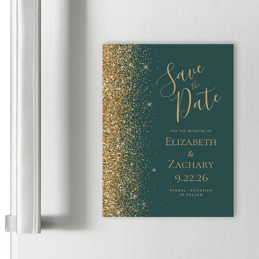 Modern Donkergroen Goud Save the Date Magnetische