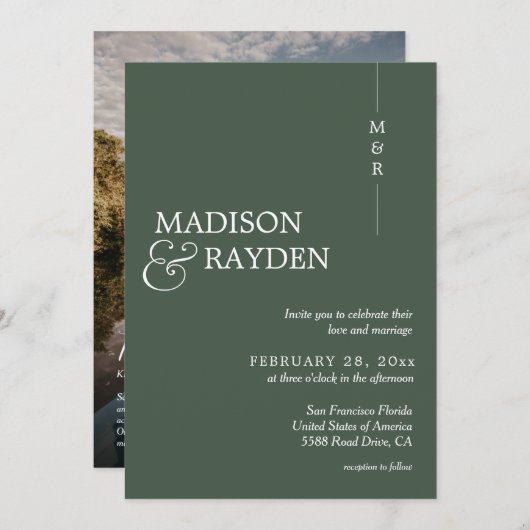 Modern Donkergroen Monogram Foto QR Code Bruiloft Kaart (Voorkant / Achterkant)