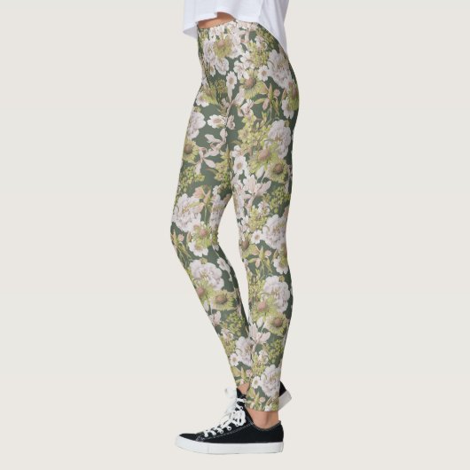 Modern Donkergroen Olijf Bloemenpatroon Gedrukt Leggings (Links)