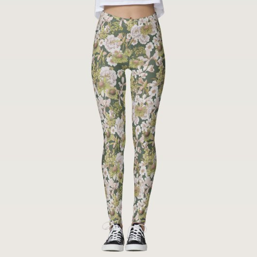 Modern Donkergroen Olijf Bloemenpatroon Gedrukt Leggings (Voorkant)