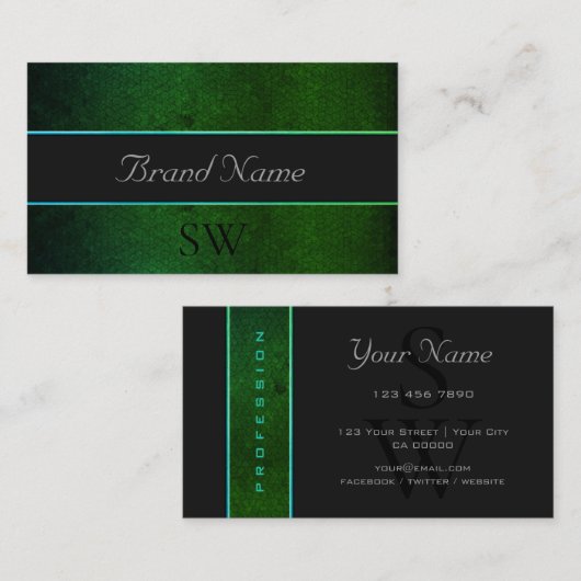 Modern donkergroen patroon grijs zwart monogram visitekaartje (Voorkant / Achterkant)