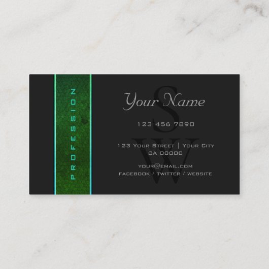 Modern donkergroen patroon grijs zwart monogram visitekaartje (Achterkant)