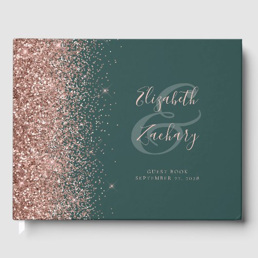 Modern Donkergroen Roos Goud Glitter Script Gastenboek (Voorkant)