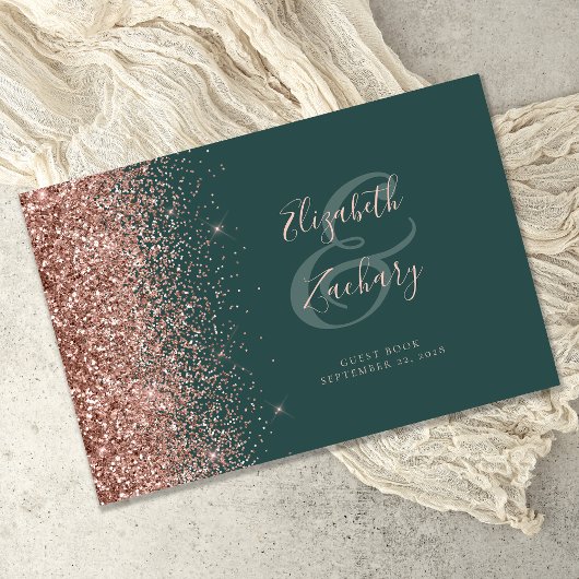 Modern Donkergroen Roos Goud Glitter Script Gastenboek