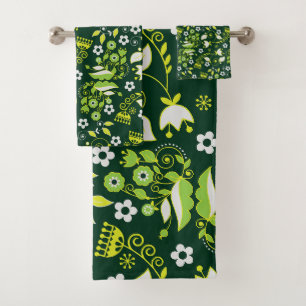 Modern donkergroen Scandinavisch bloemenpatroon Bad Handdoek