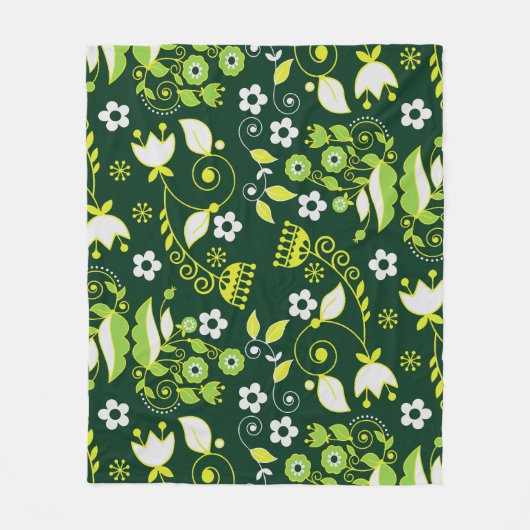 Modern donkergroen Scandinavisch bloemenpatroon Fleece Deken (Voorkant)