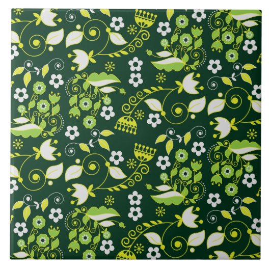 Modern donkergroen Scandinavisch bloemenpatroon Tegeltje (Voorkant)