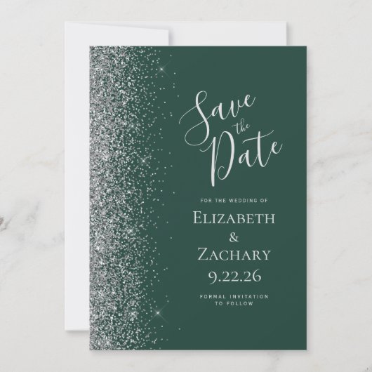 Modern Donkergroen Zilver Glitter Save the Date Aankondiging (Voorkant)