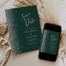 Modern Donkergroen Zilver Glitter Save the Date