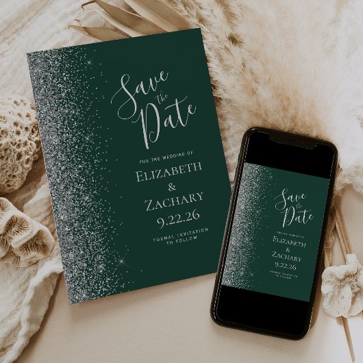 Modern Donkergroen Zilver Glitter Save the Date Aankondiging