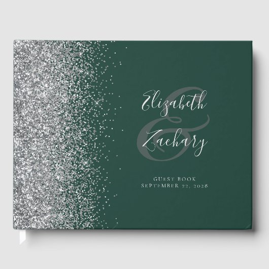 Modern Donkergroen Zilver Glitter Script Gastenboek (Voorkant)