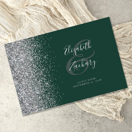 Modern Donkergroen Zilver Glitter Script Gastenboek