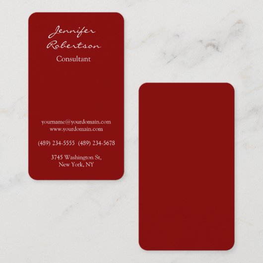 Modern donkerrood kleur handschrift Plain Unique Visitekaartje (Voorkant / Achterkant)