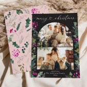 Modern donkerroze botanische 2 foto kerst Kaart