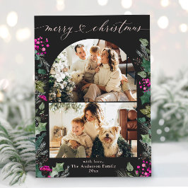 Modern donkerroze botanische 2 foto kerst Kaart