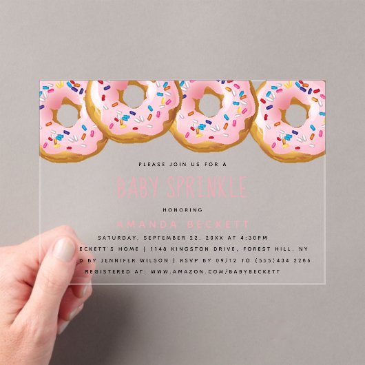 Modern Donut Girls Baby shower Sprinkle Acryl Uitnodigingen (Insitu (Draagbaar))