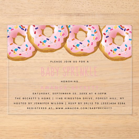 Modern Donut Girls Baby shower Sprinkle Acryl Uitnodigingen (Voorkant)