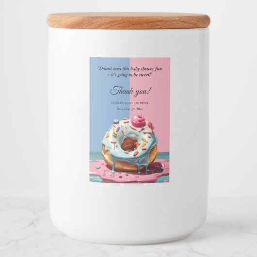 Modern Donut Sprinkles Genderneutraal Baby shower Voedselcontainer Etiket (Voorkant)