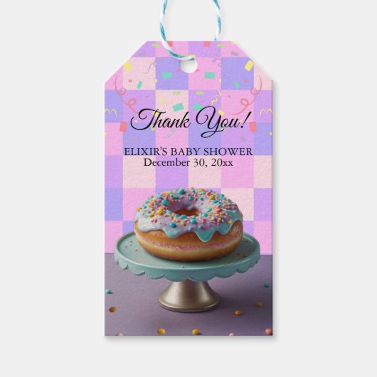Modern Donut Sprinkles Geruit Baby shower Cadeaulabel (Voorkant)