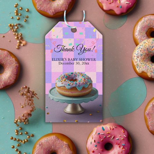 Modern Donut Sprinkles Geruit Baby shower Cadeaulabel