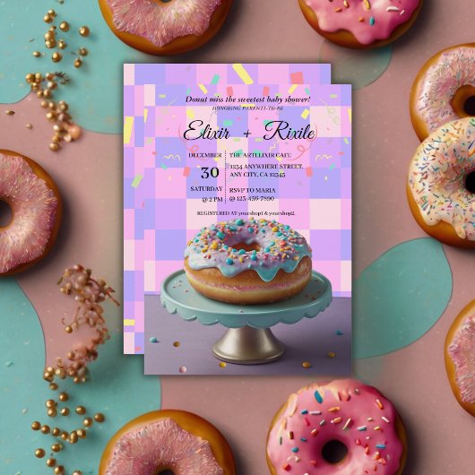 Modern Donut Sprinkles Geruit Baby shower Kaart