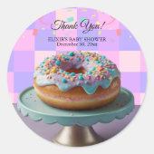Modern Donut Sprinkles Geruit Baby shower Ronde Sticker (Voorkant)