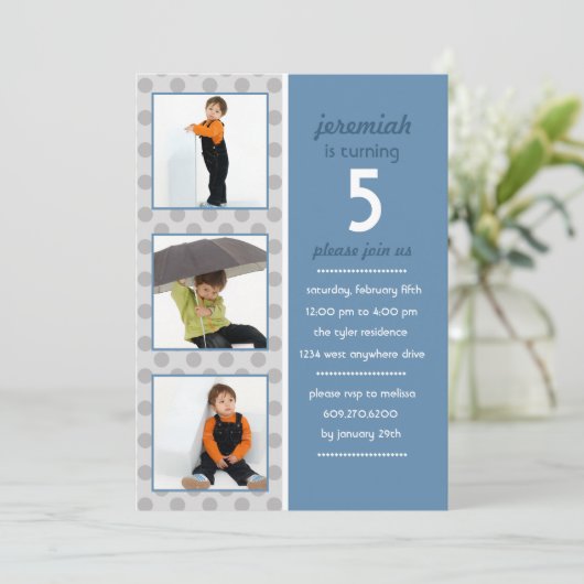 Modern Dot Photo Birthday Invitation (Steel Blue) Kaart (Staand voorkant)
