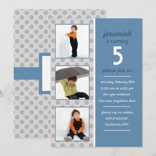 Modern Dot Photo Birthday Invitation (Steel Blue) Kaart (Voorkant / Achterkant)