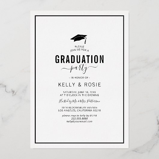 Modern Double Afstuderen Photo Party Gold Folie Uitnodiging (Achterkant)