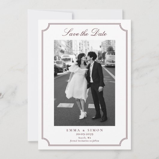 Modern Double Frame Burgundy Photo Save the Date  Bedankkaart (Voorkant)