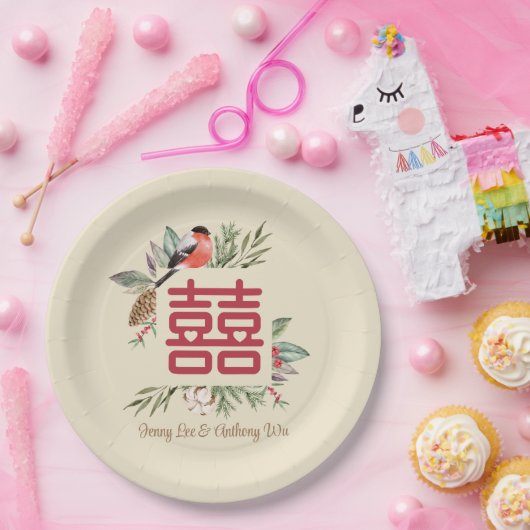 Modern Double Happiness Chinese Wedding Papieren Bordje (Feest)