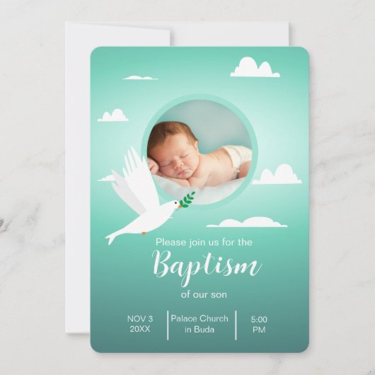 Modern Dove Teal Blue Baptism Invitation for Boy Kaart (Voorkant)