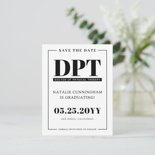 Modern DPT-Afstuderen Save the Date-Kaart Aankondiging (Staand voorkant)