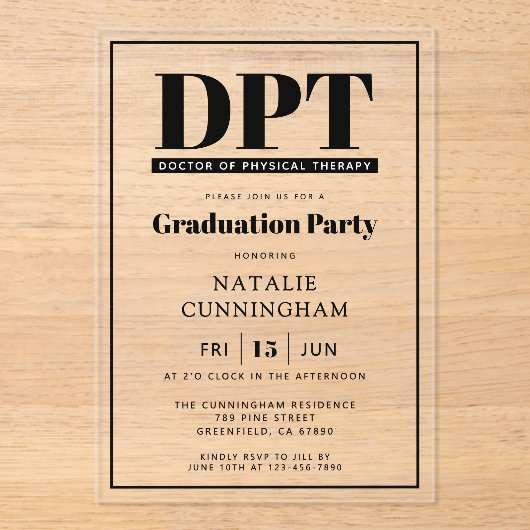Modern DPT Doctor of Physical Therapy Afstuderen Acryl Uitnodigingen (Voorkant)