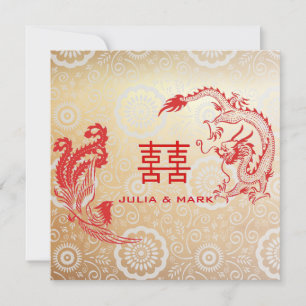 Modern Dragon-Phoenix Chinese Wedding Gold Red Kaart