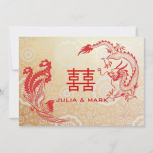 Modern Dragon-Phoenix Chinese Wedding Gold Red Kaart