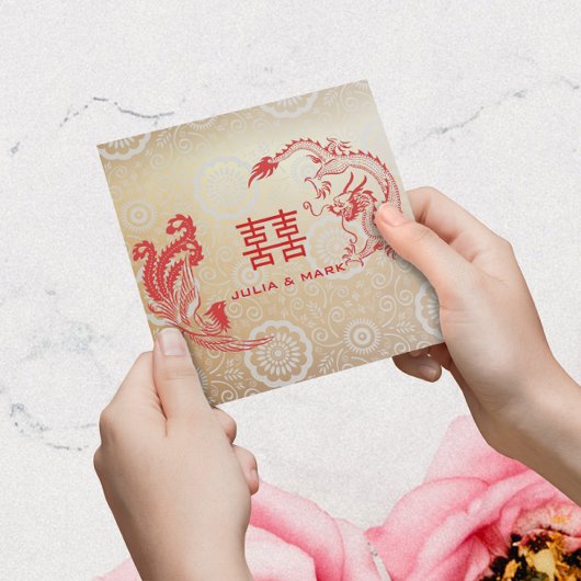 Modern Dragon-Phoenix Chinese Wedding Gold Red Kaart