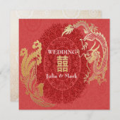Modern Dragon-Phoenix Chinese Wedding Invite Red Kaart (Voorkant / Achterkant)
