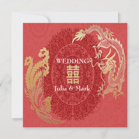 Modern Dragon-Phoenix Chinese Wedding Invite Red Kaart (Voorkant)