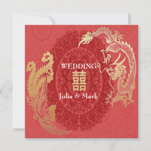 Modern Dragon-Phoenix Chinese Wedding Invite Red Kaart