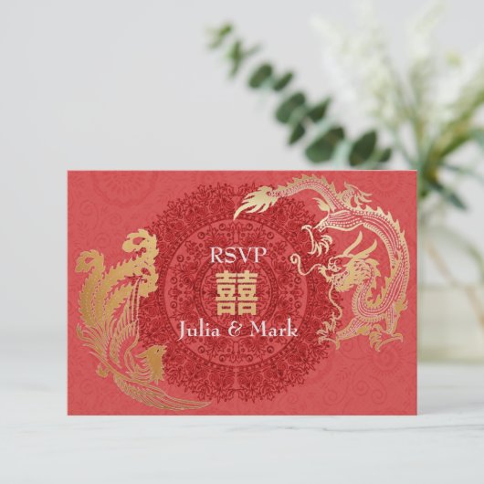 Modern Dragon-Phoenix Chinese Wedding RSVP Red (Staand voorkant)